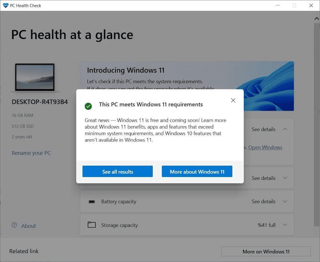 Windows 11 PC Health Check app compatibility report
