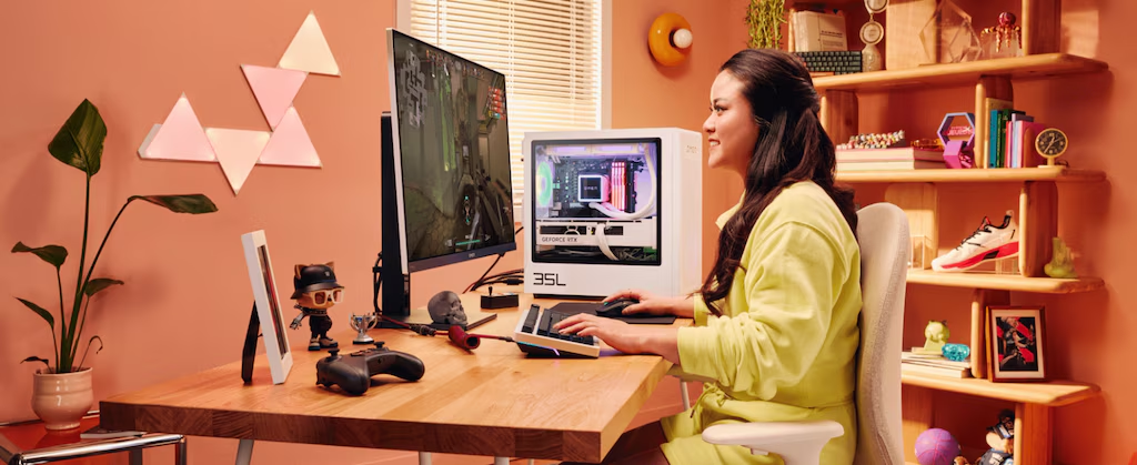 Young woman using her HP OMEN 35L
